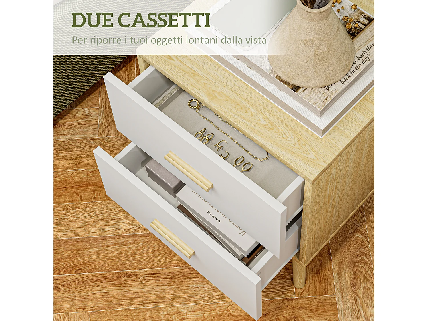 Comodino con 2 cassetti stile nordico 40x40x50 cm in legno rovere