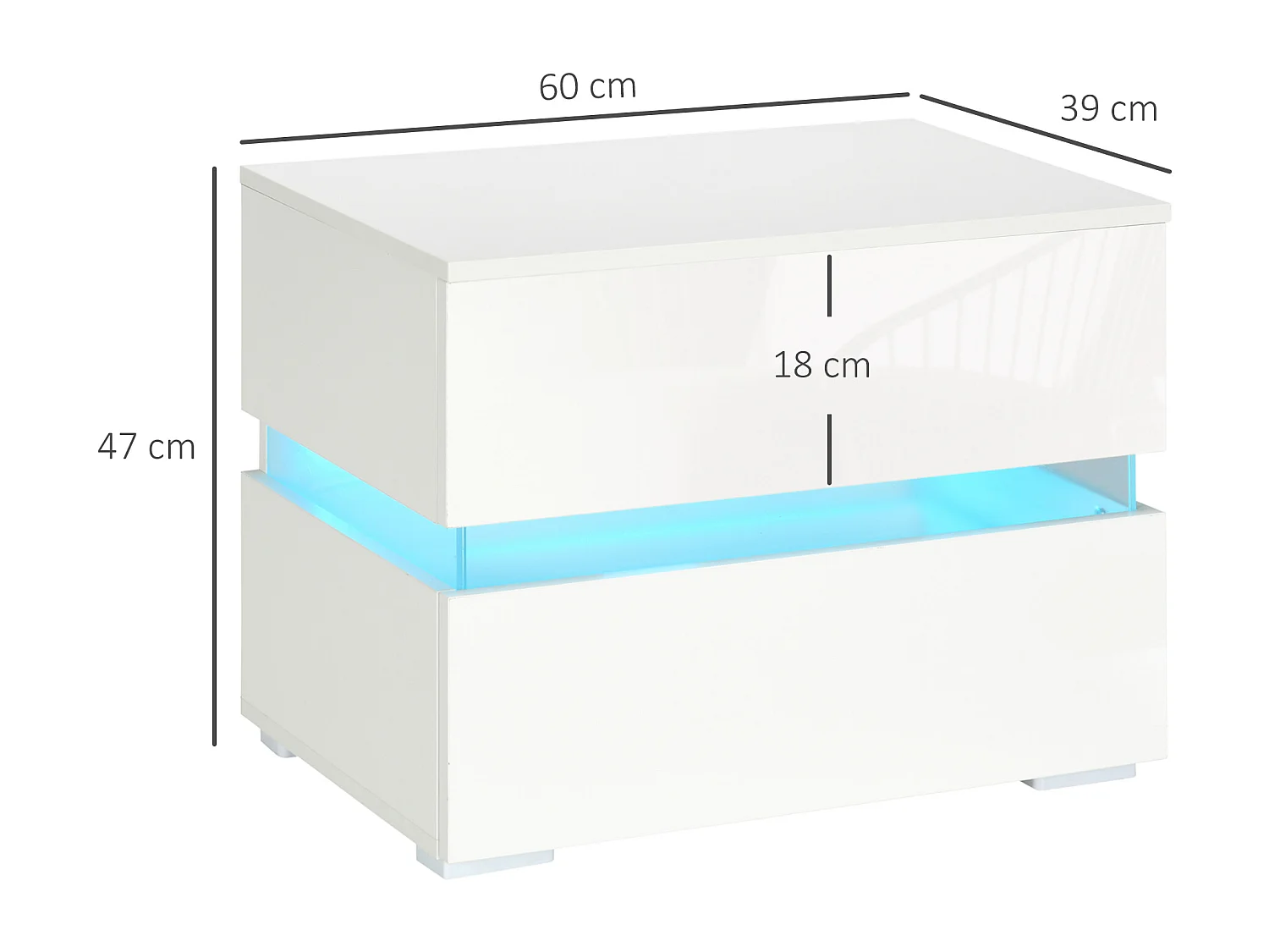 Comodino con luce led rgb 2 cassetti e 16 colori 60x39x47cm
