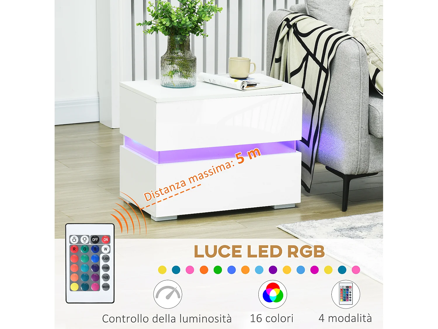 Comodino con luce led rgb 2 cassetti e 16 colori 60x39x47cm