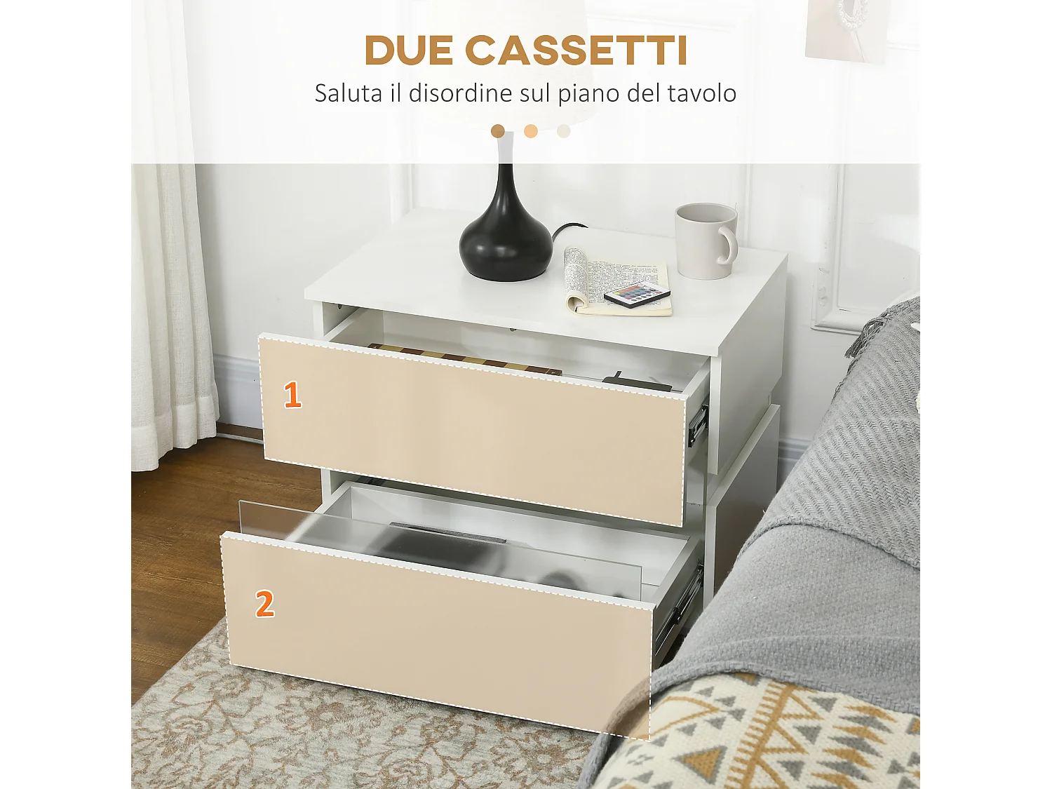 Comodino con luce led rgb 2 cassetti e 16 colori 60x39x47cm