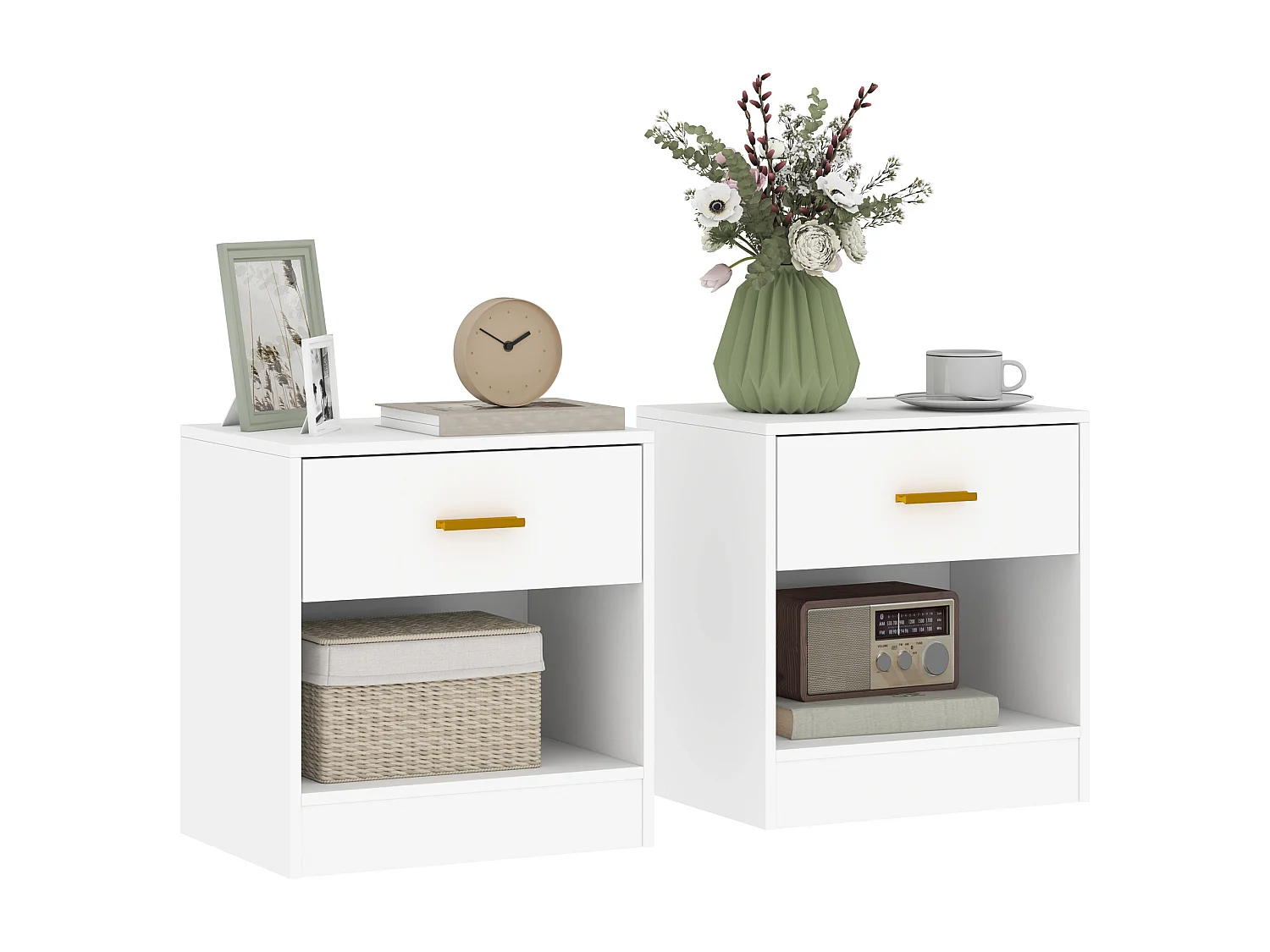 Set 2 comodini moderni con cassetto e ripiano aperto in legno bianco