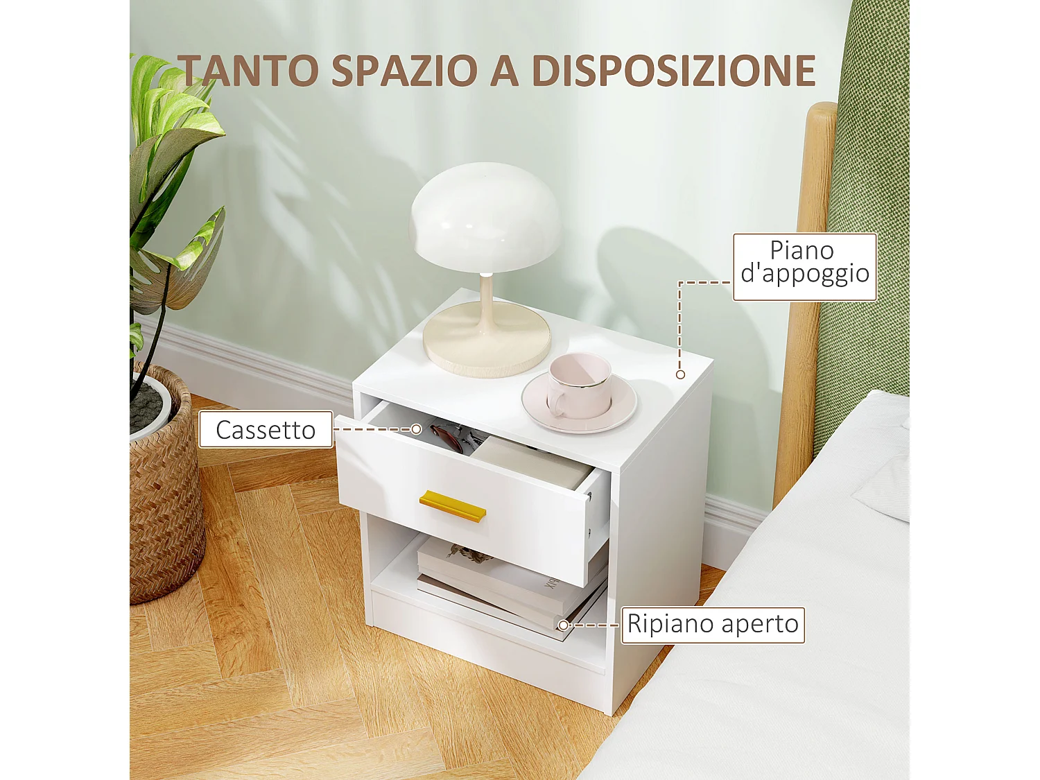 Set 2 comodini moderni con cassetto e ripiano aperto in legno bianco