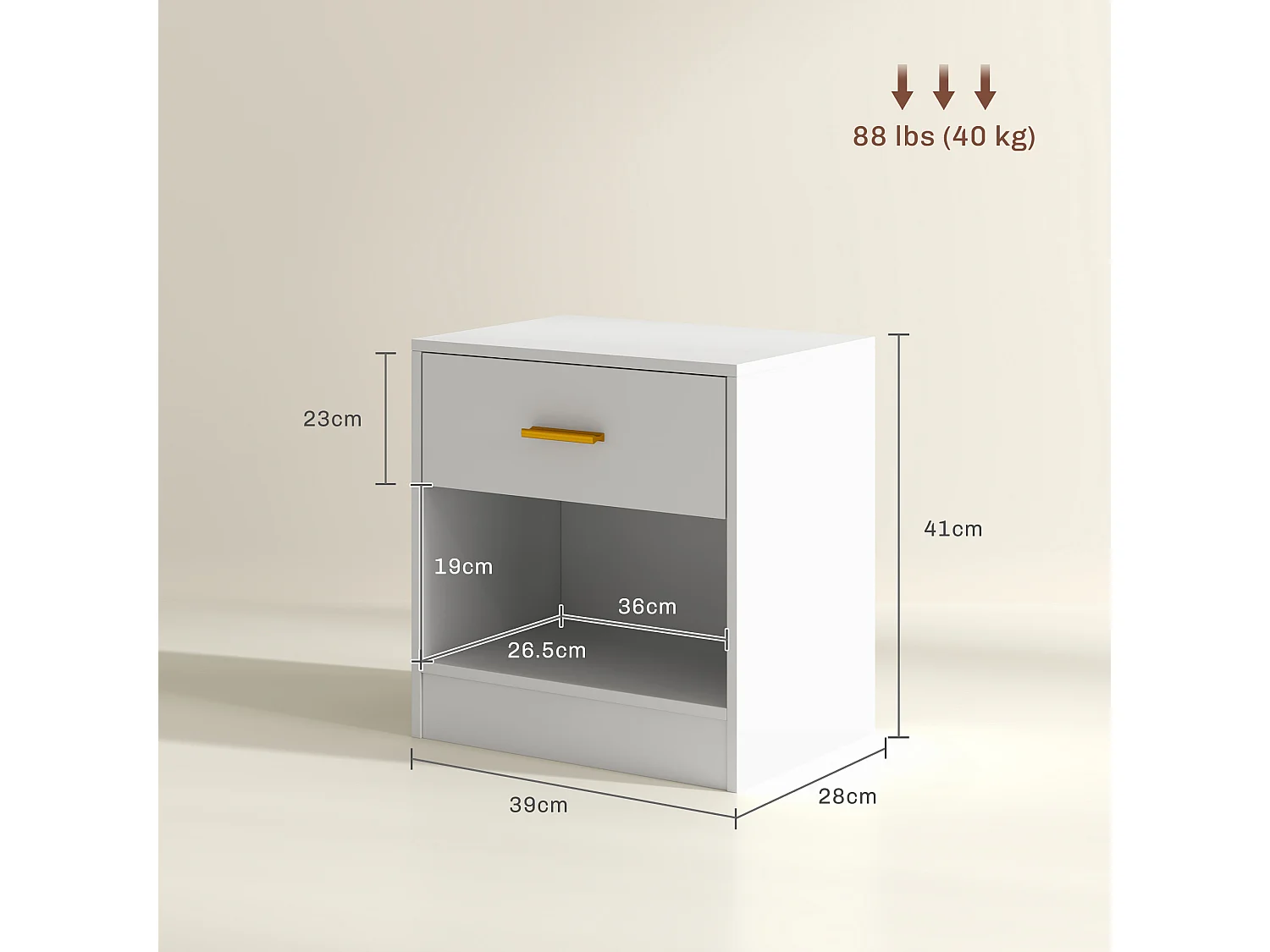 Set 2 comodini moderni con cassetto e ripiano aperto in legno bianco