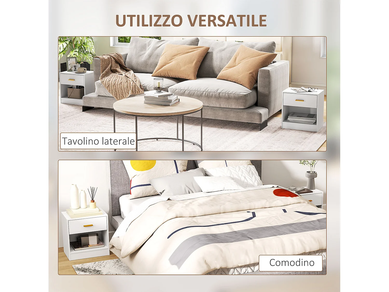 Set 2 comodini moderni con cassetto e ripiano aperto in legno bianco