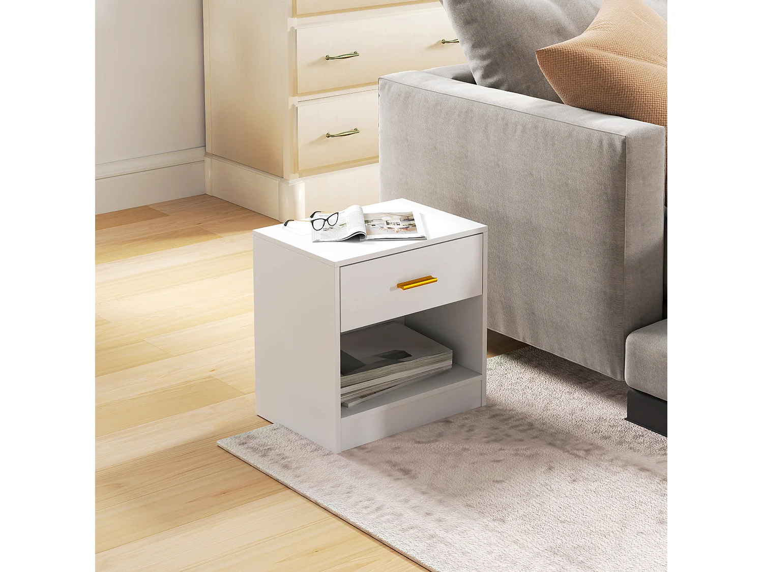 Set 2 comodini moderni con cassetto e ripiano aperto in legno bianco