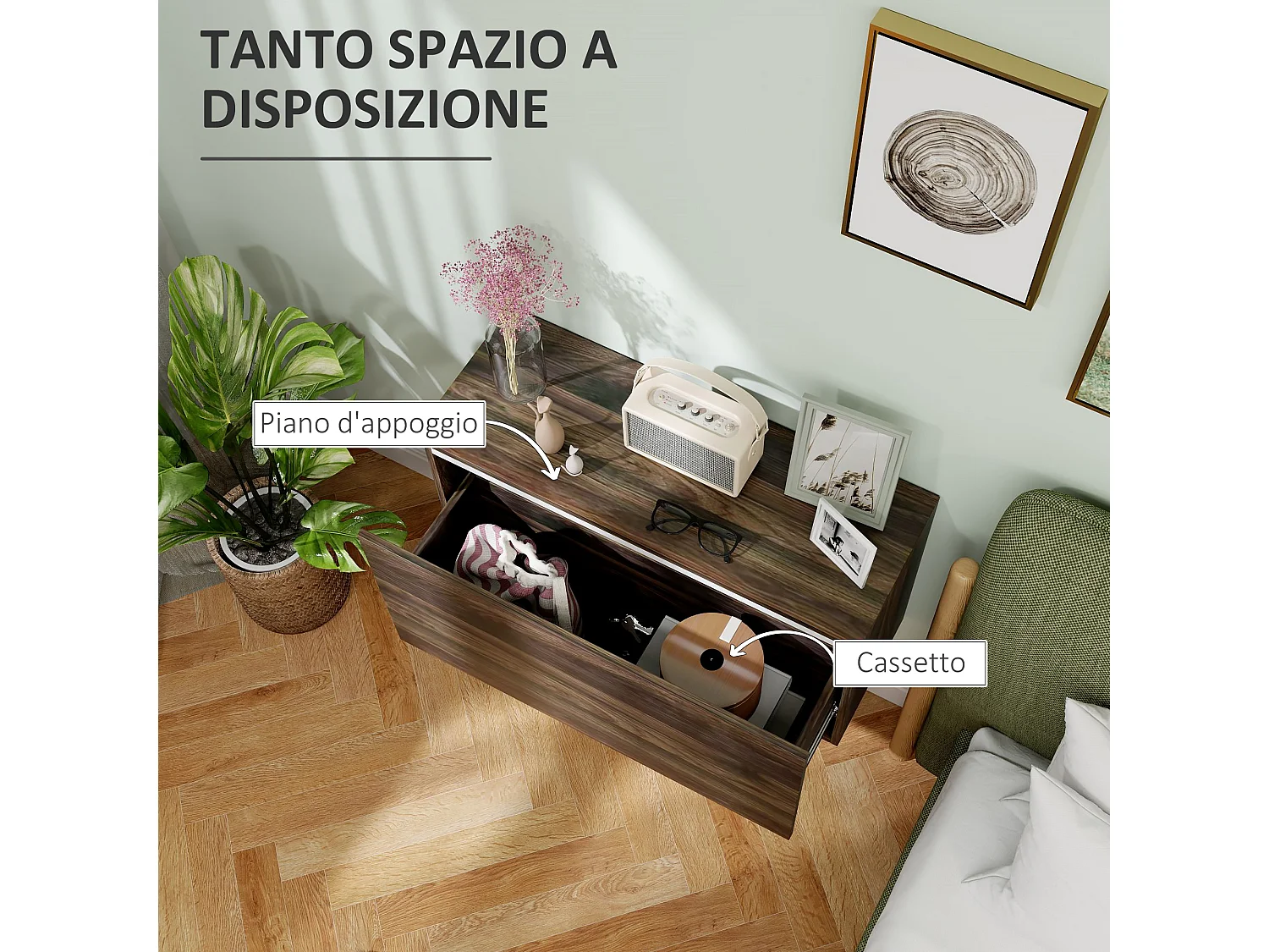 Comodino moderno sospeso con cassetto senza maniglie noce