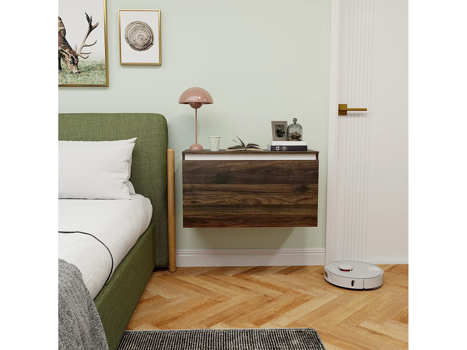 Comodino moderno sospeso con cassetto senza maniglie noce