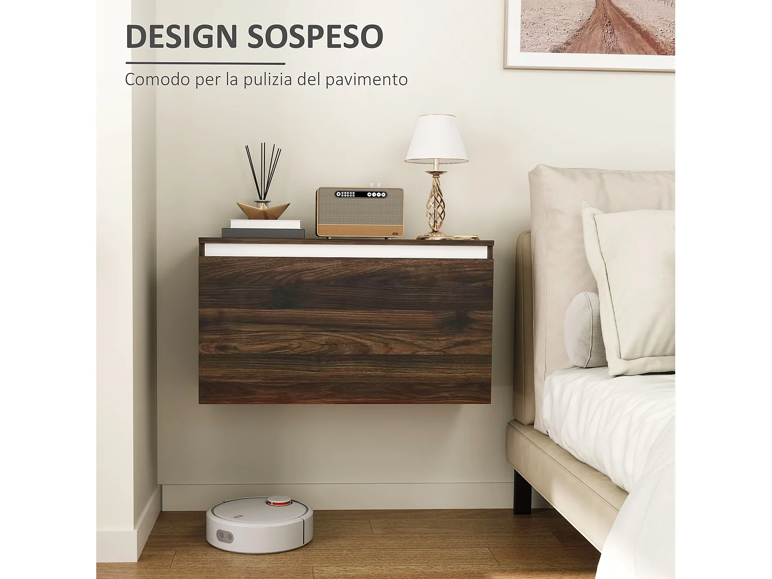 Comodino moderno sospeso con cassetto senza maniglie noce