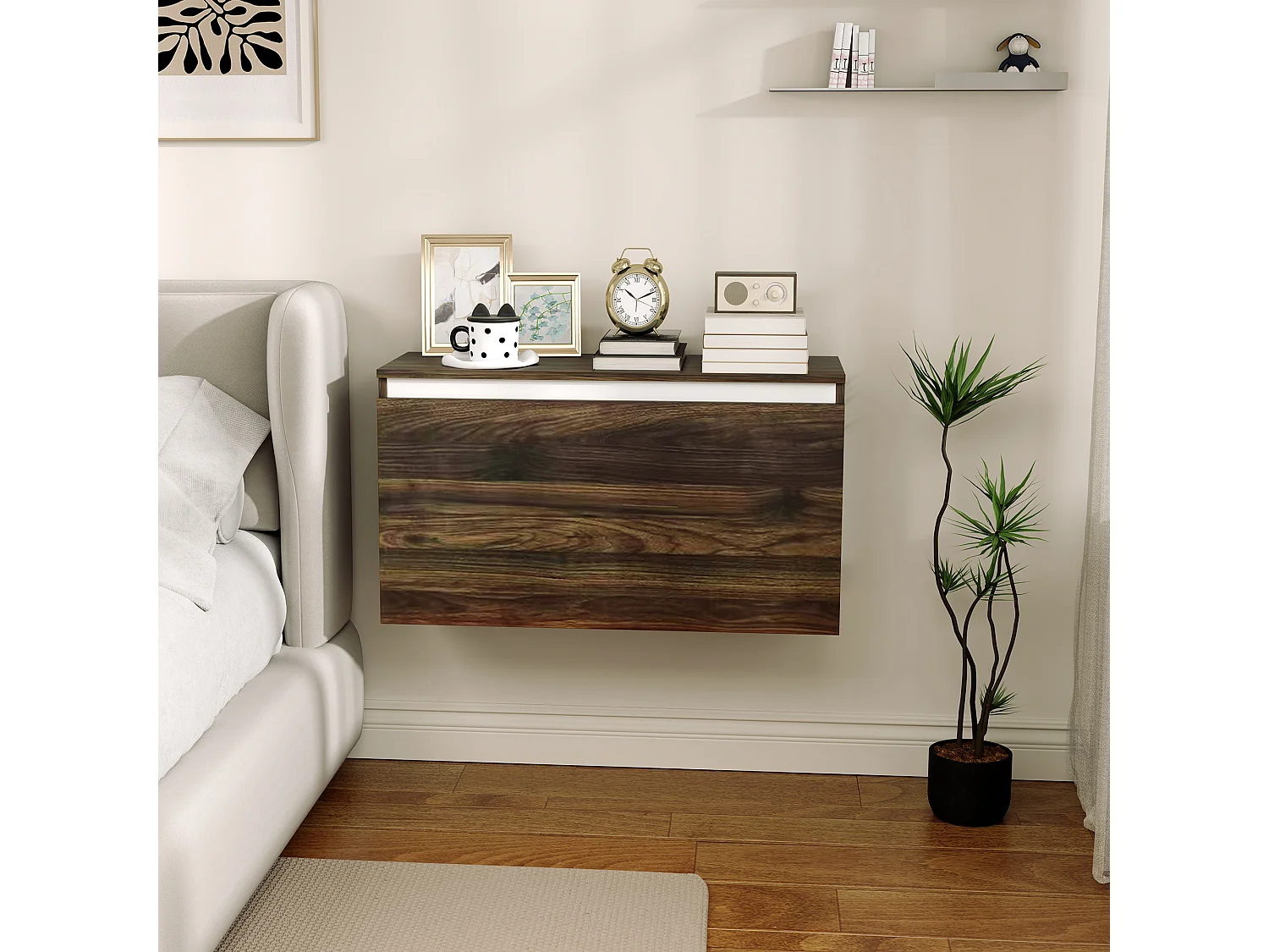 Comodino moderno sospeso con cassetto senza maniglie noce