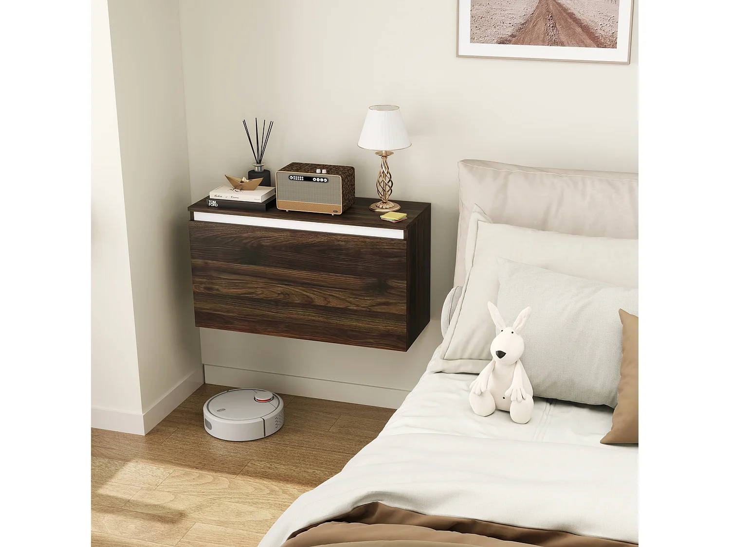 Comodino moderno sospeso con cassetto senza maniglie noce