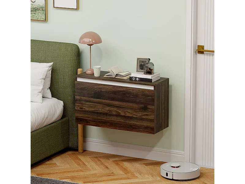 Comodino moderno sospeso con cassetto senza maniglie noce