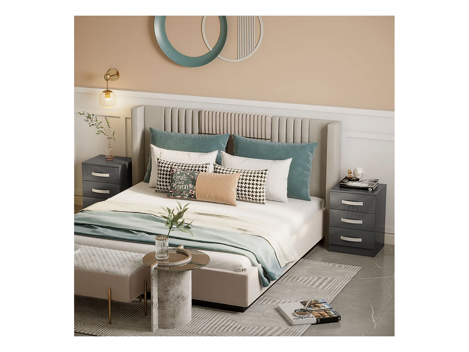 Comodino moderno set 2 pezzi 3 cassetti in truciolato grigio