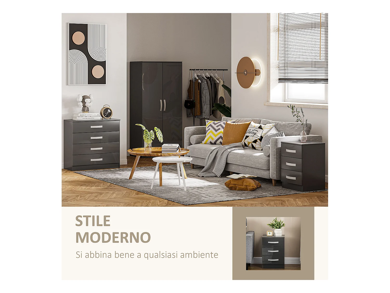 Comodino moderno set 2 pezzi 3 cassetti in truciolato grigio