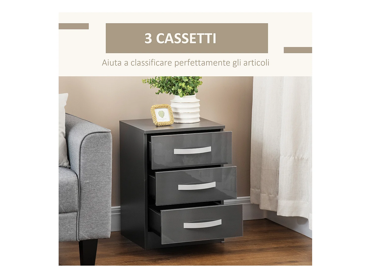 Comodino moderno set 2 pezzi 3 cassetti in truciolato grigio