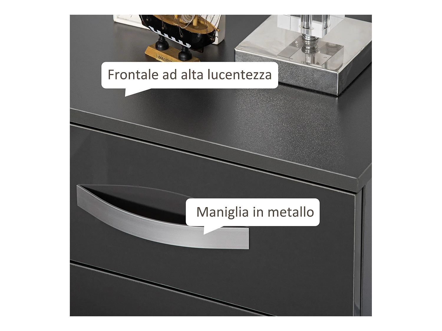 Comodino moderno set 2 pezzi 3 cassetti in truciolato grigio