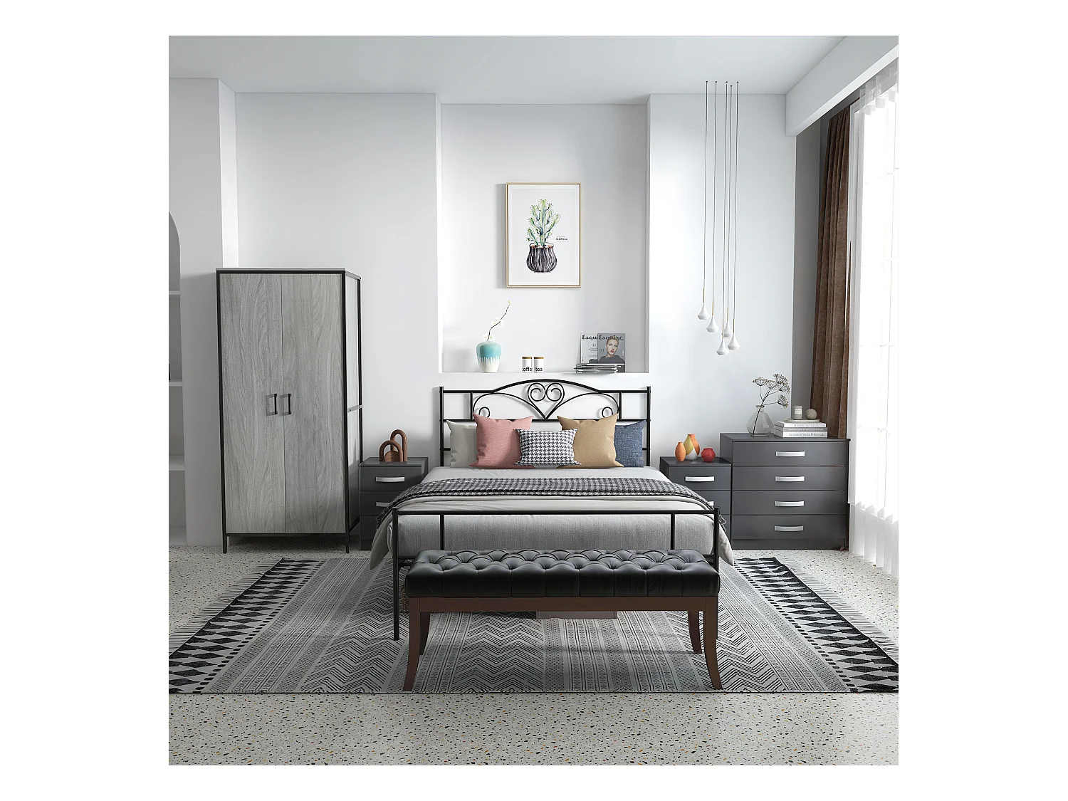 Comodino moderno set 2 pezzi 3 cassetti in truciolato grigio