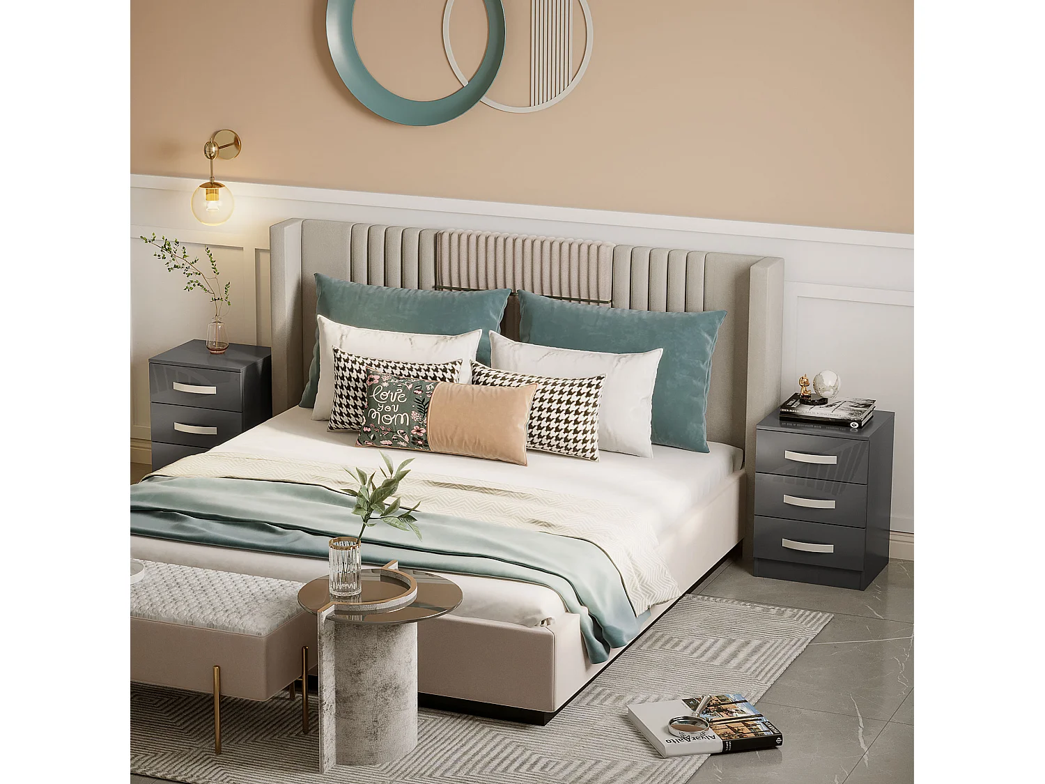 Comodino moderno set 2 pezzi 3 cassetti in truciolato grigio