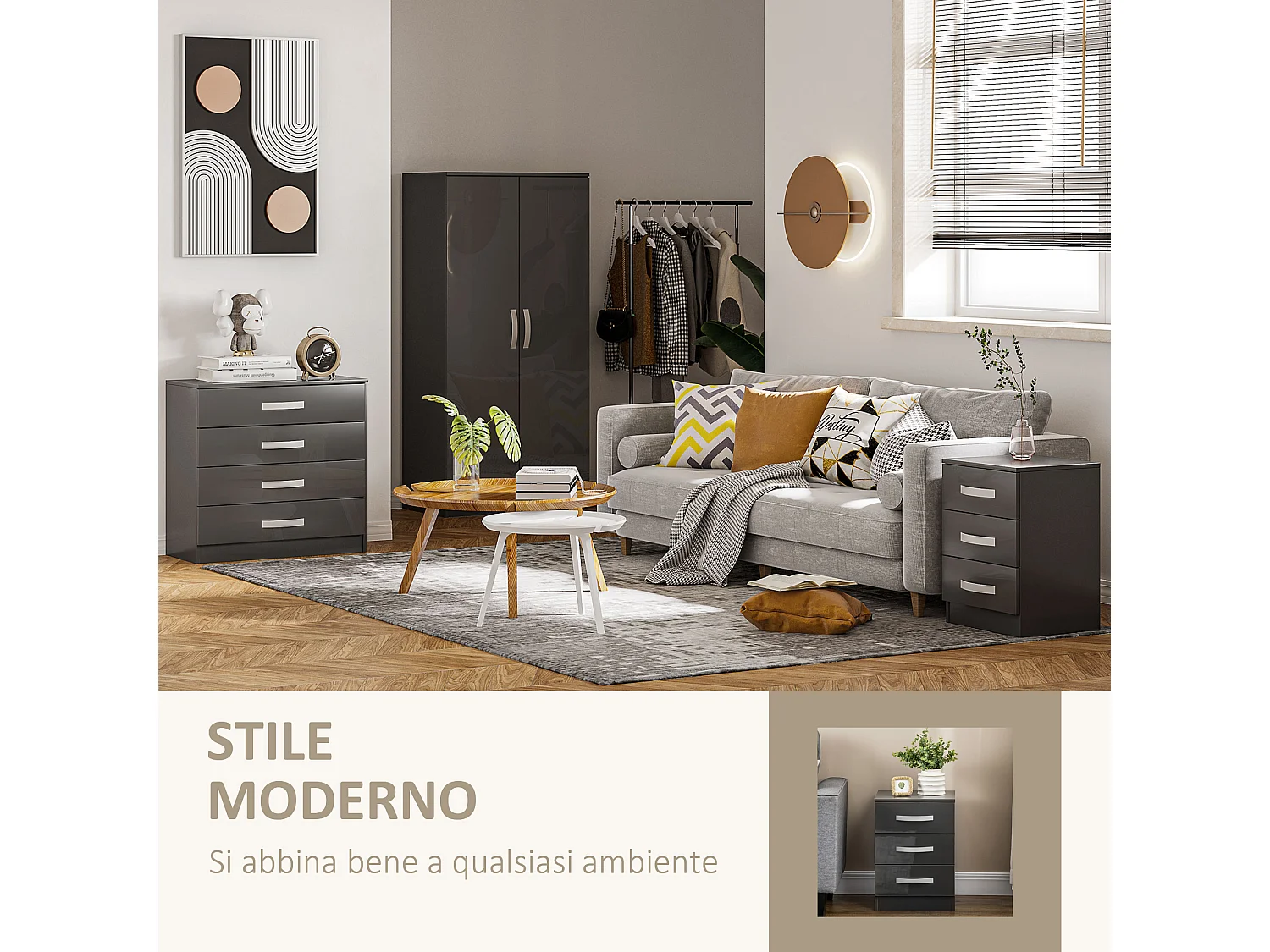 Comodino moderno set 2 pezzi 3 cassetti in truciolato grigio
