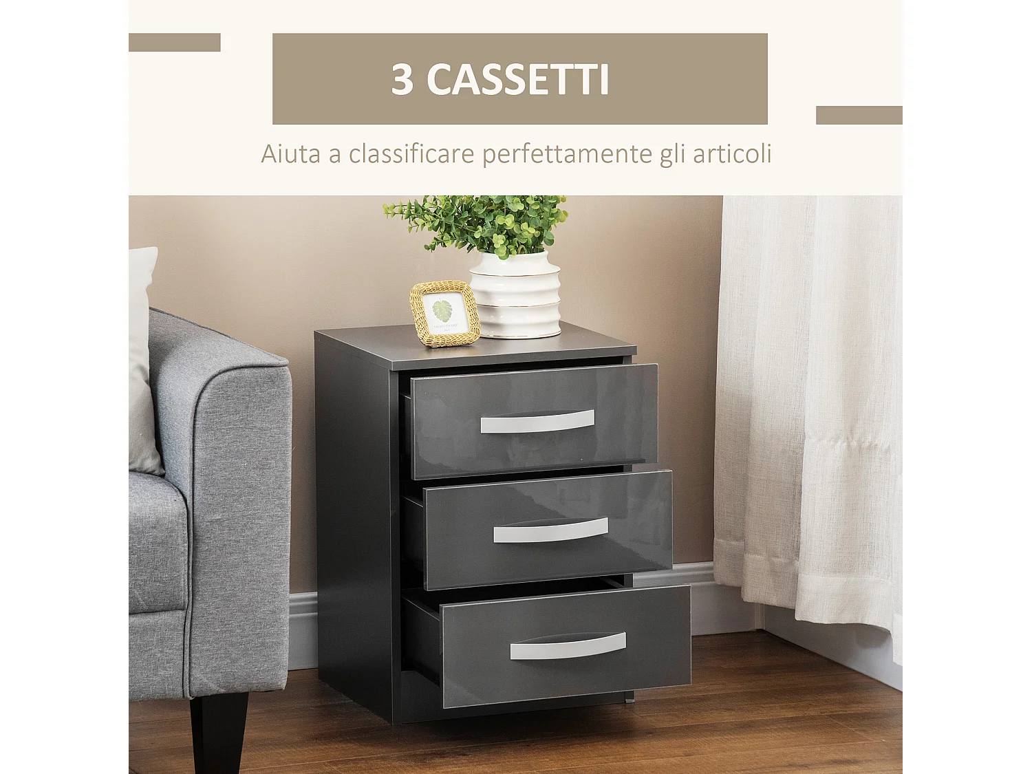 Comodino moderno set 2 pezzi 3 cassetti in truciolato grigio