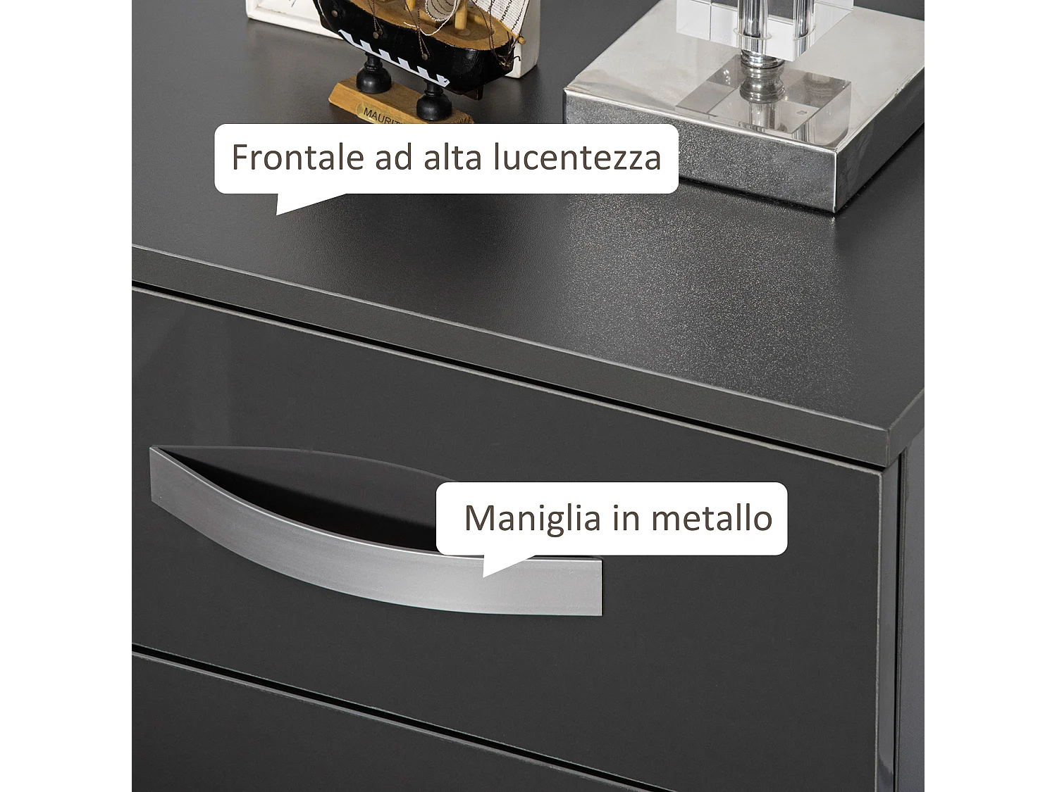 Comodino moderno set 2 pezzi 3 cassetti in truciolato grigio