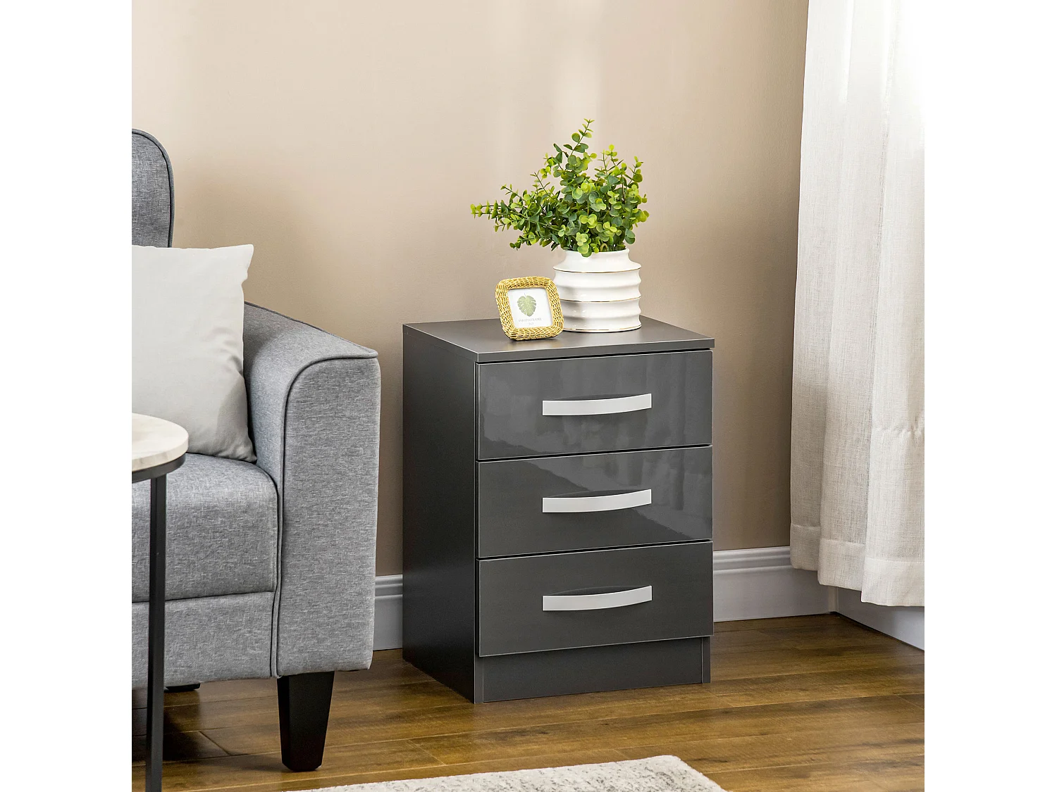 Comodino moderno set 2 pezzi 3 cassetti in truciolato grigio