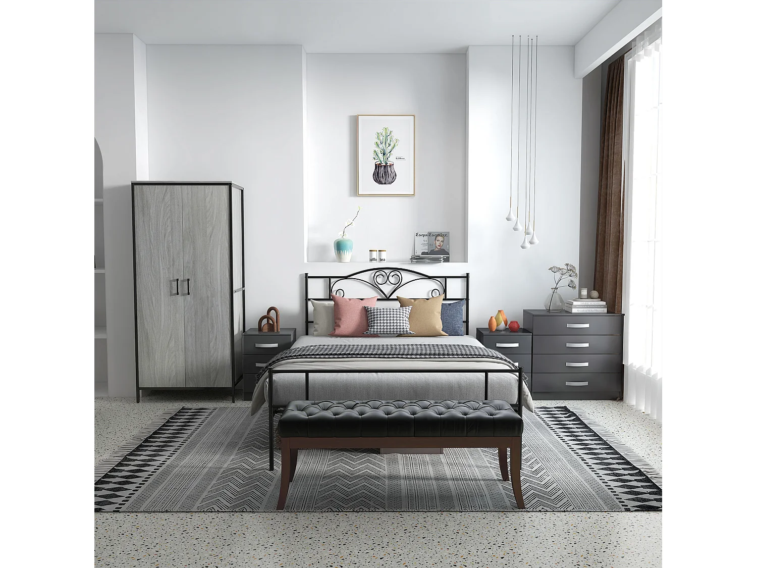 Comodino moderno set 2 pezzi 3 cassetti in truciolato grigio