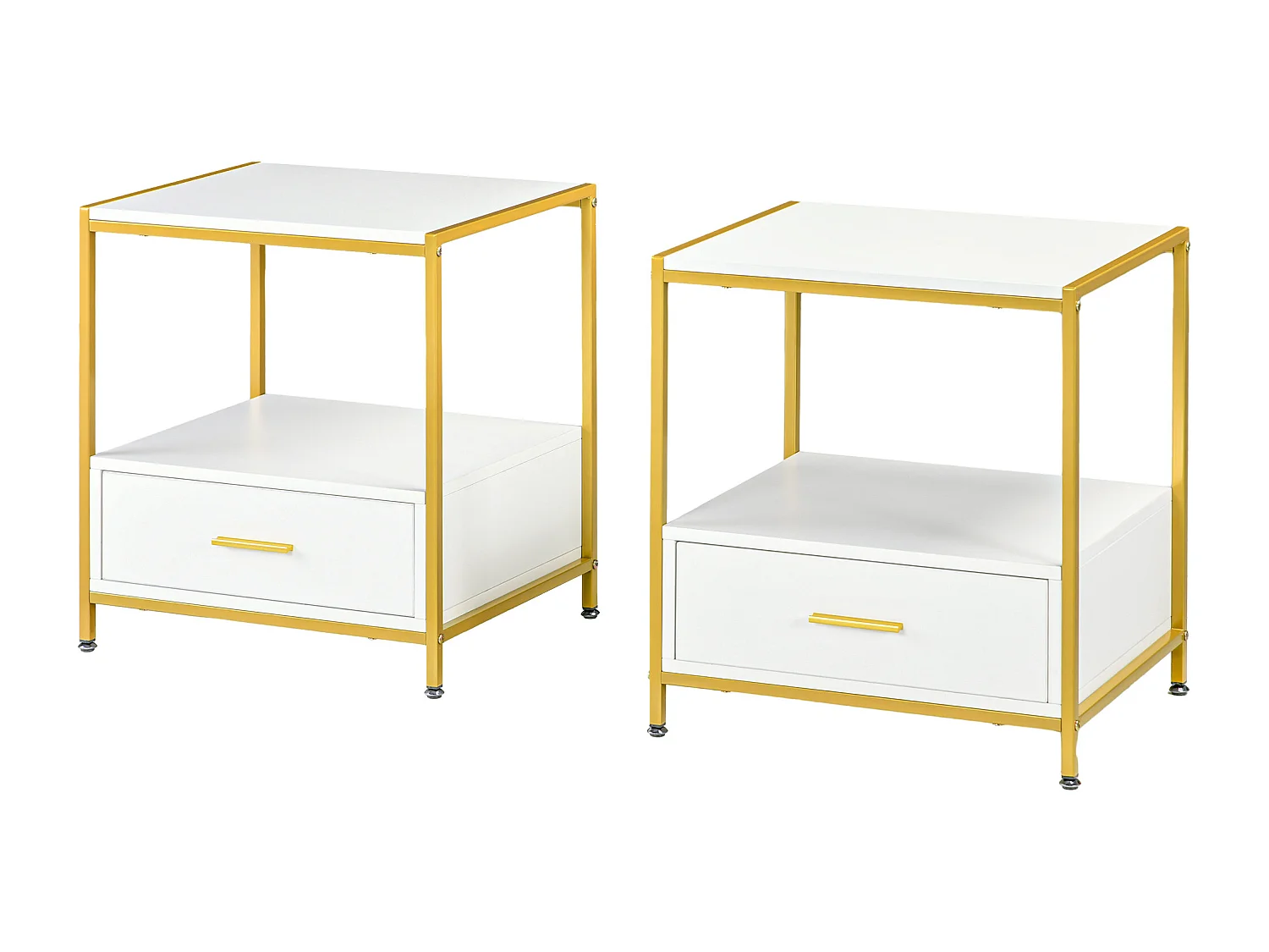 Set di 2 comodini moderni con cassetto e ripiano aperto bianco e oro