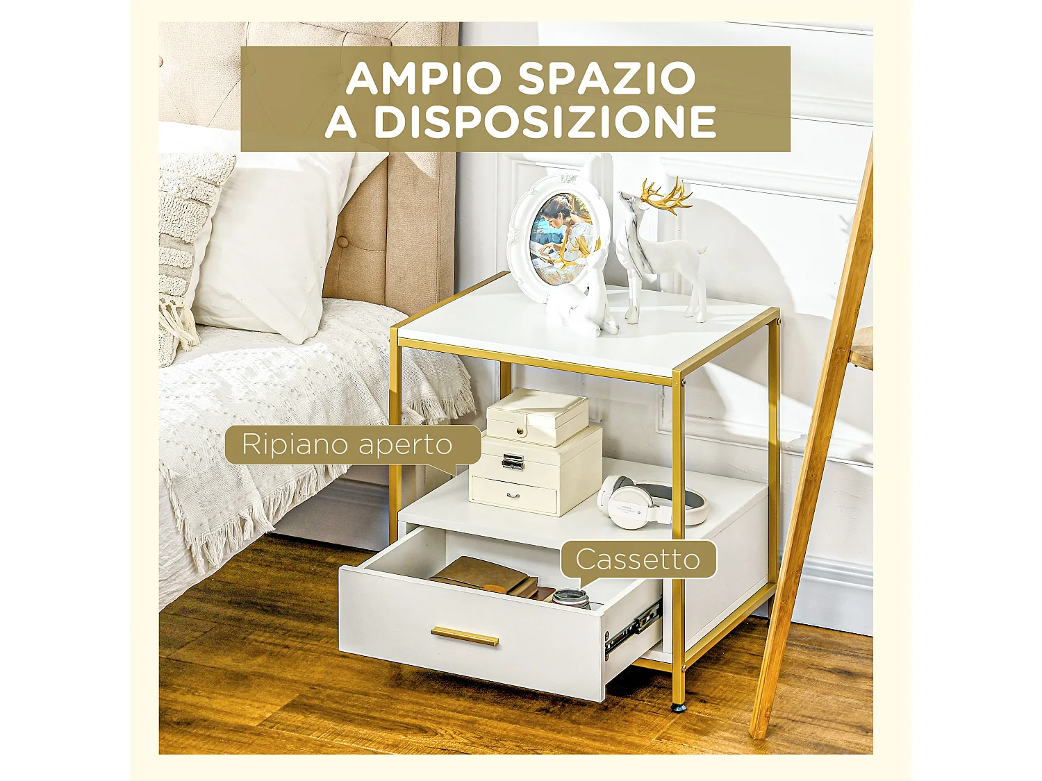 Set di 2 comodini moderni con cassetto e ripiano aperto bianco e oro