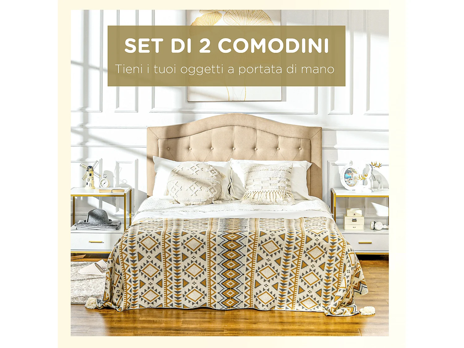 Set di 2 comodini moderni con cassetto e ripiano aperto bianco e oro