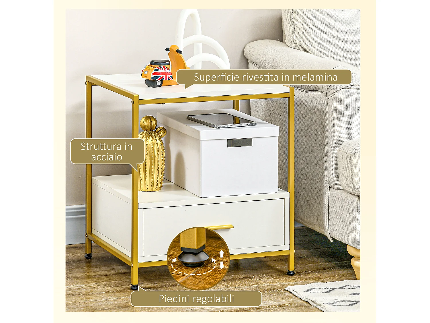 Set di 2 comodini moderni con cassetto e ripiano aperto bianco e oro