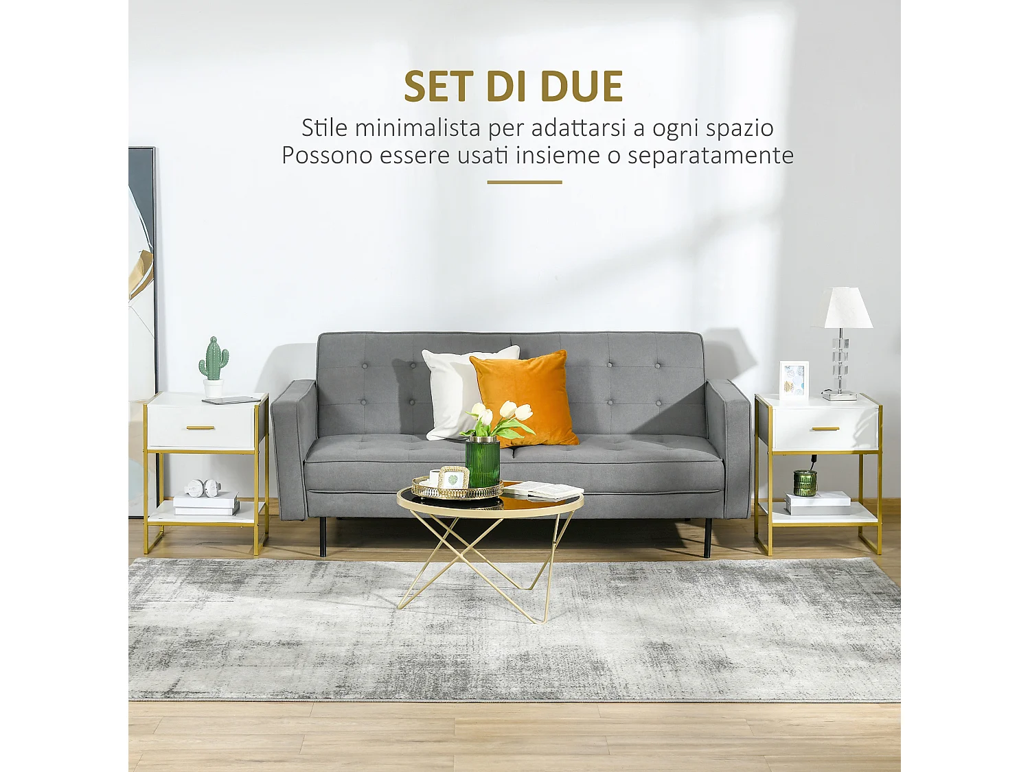 Set 2 comodini con cassetto e ripiano aperto in mdf acciaio bianco oro