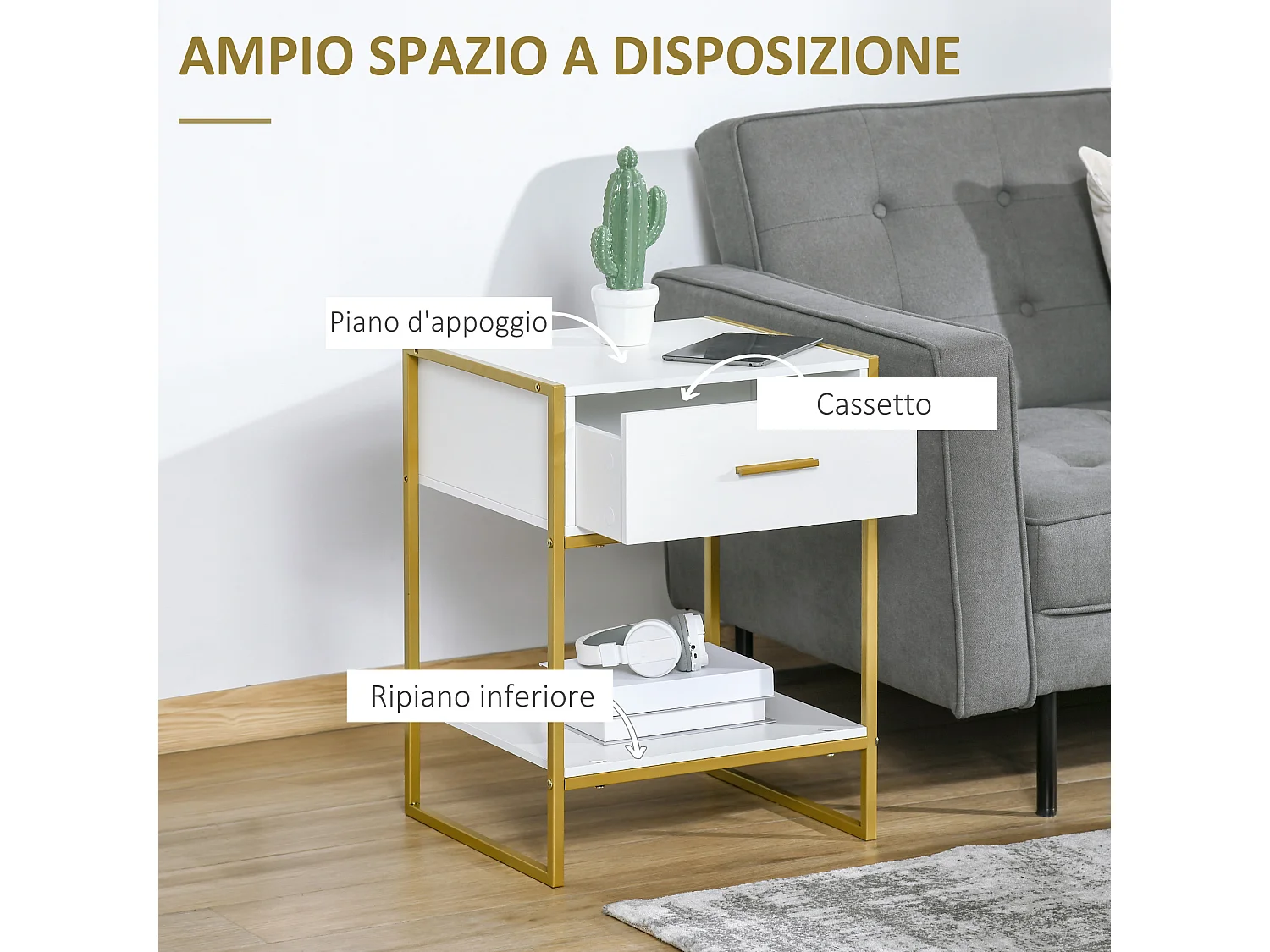 Set 2 comodini con cassetto e ripiano aperto in mdf acciaio bianco oro