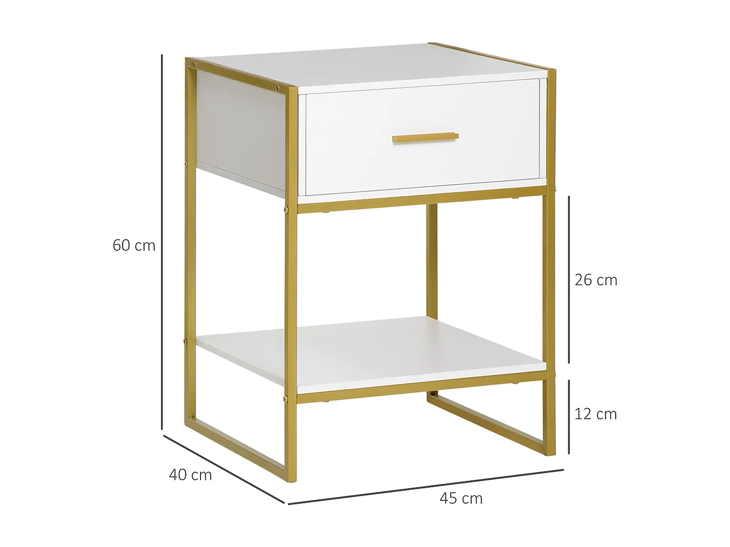 Set 2 comodini con cassetto e ripiano aperto in mdf acciaio bianco oro