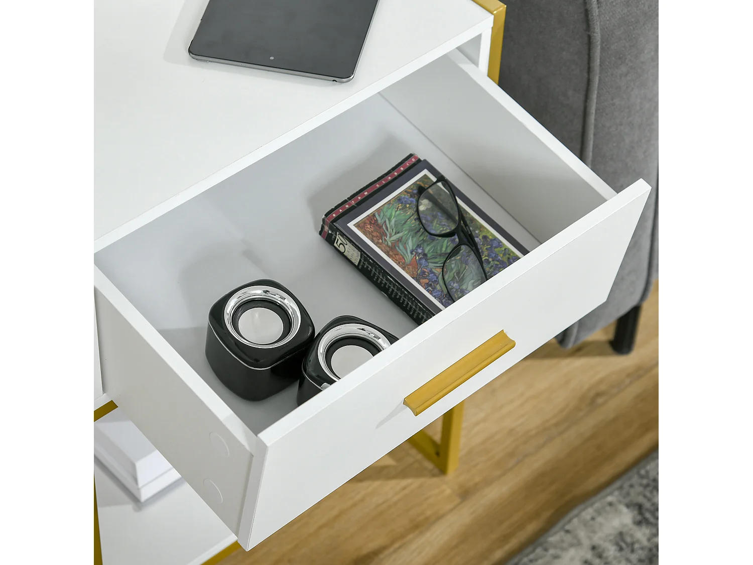 Set 2 comodini con cassetto e ripiano aperto in mdf acciaio bianco oro