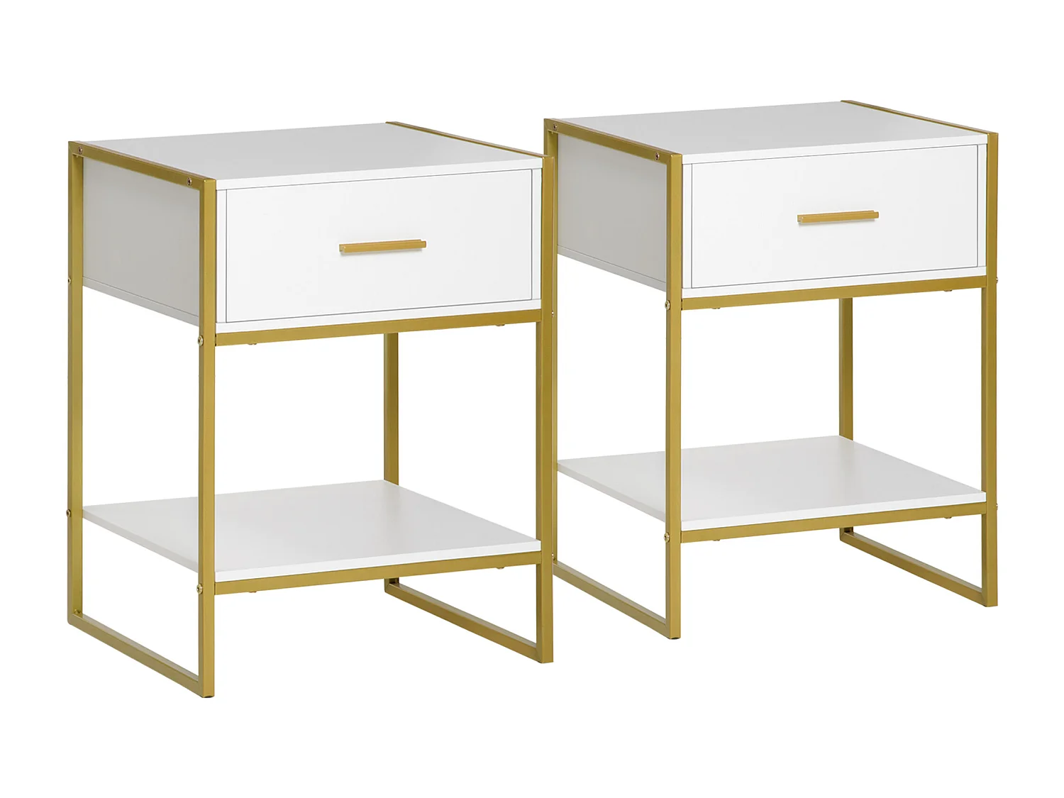 Set 2 comodini con cassetto e ripiano aperto in mdf acciaio bianco oro
