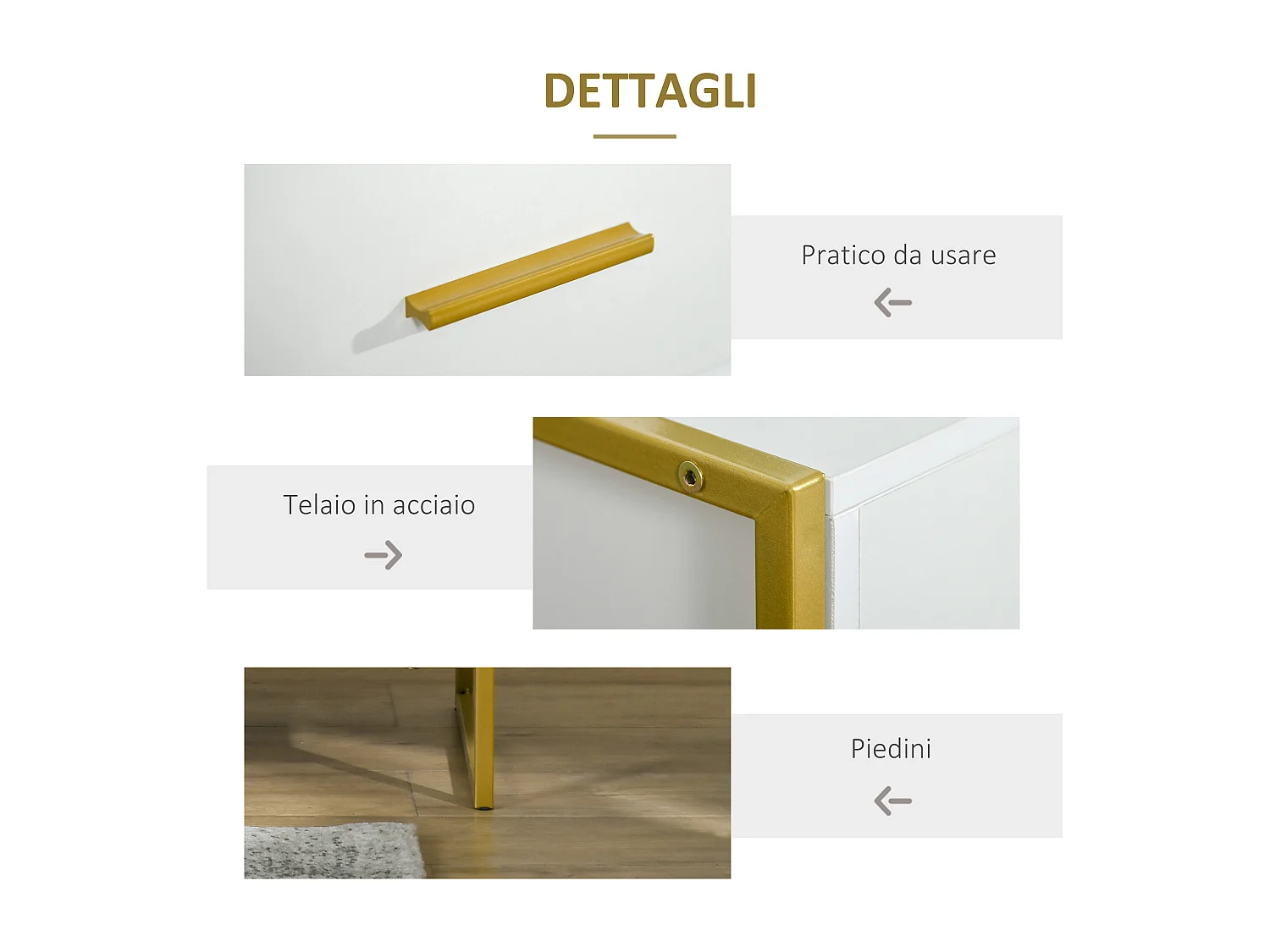 Set 2 comodini con cassetto e ripiano aperto in mdf acciaio bianco oro