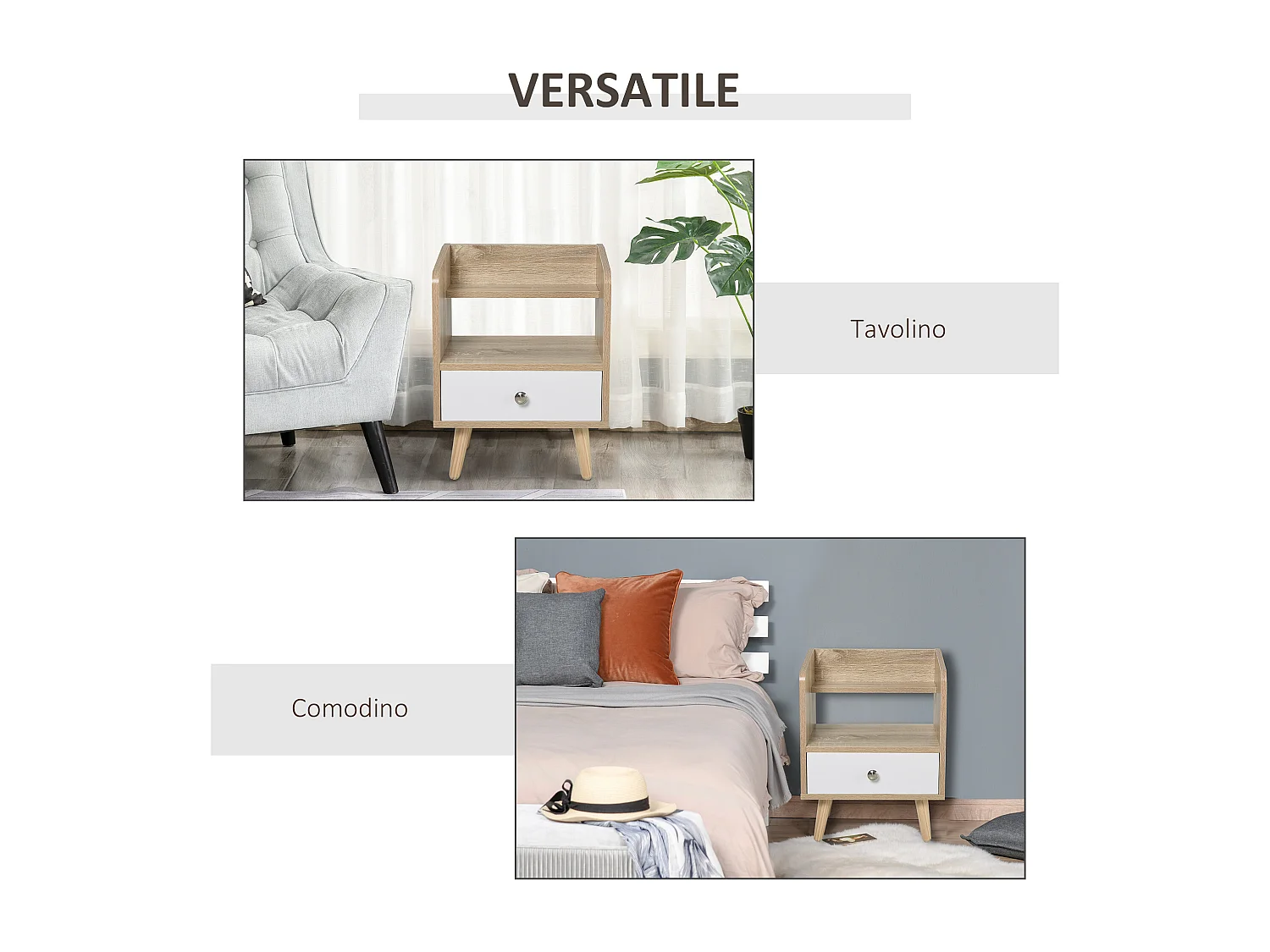 Comodino salvaspazio in legno con cassetto e mensola 37x30x48cm