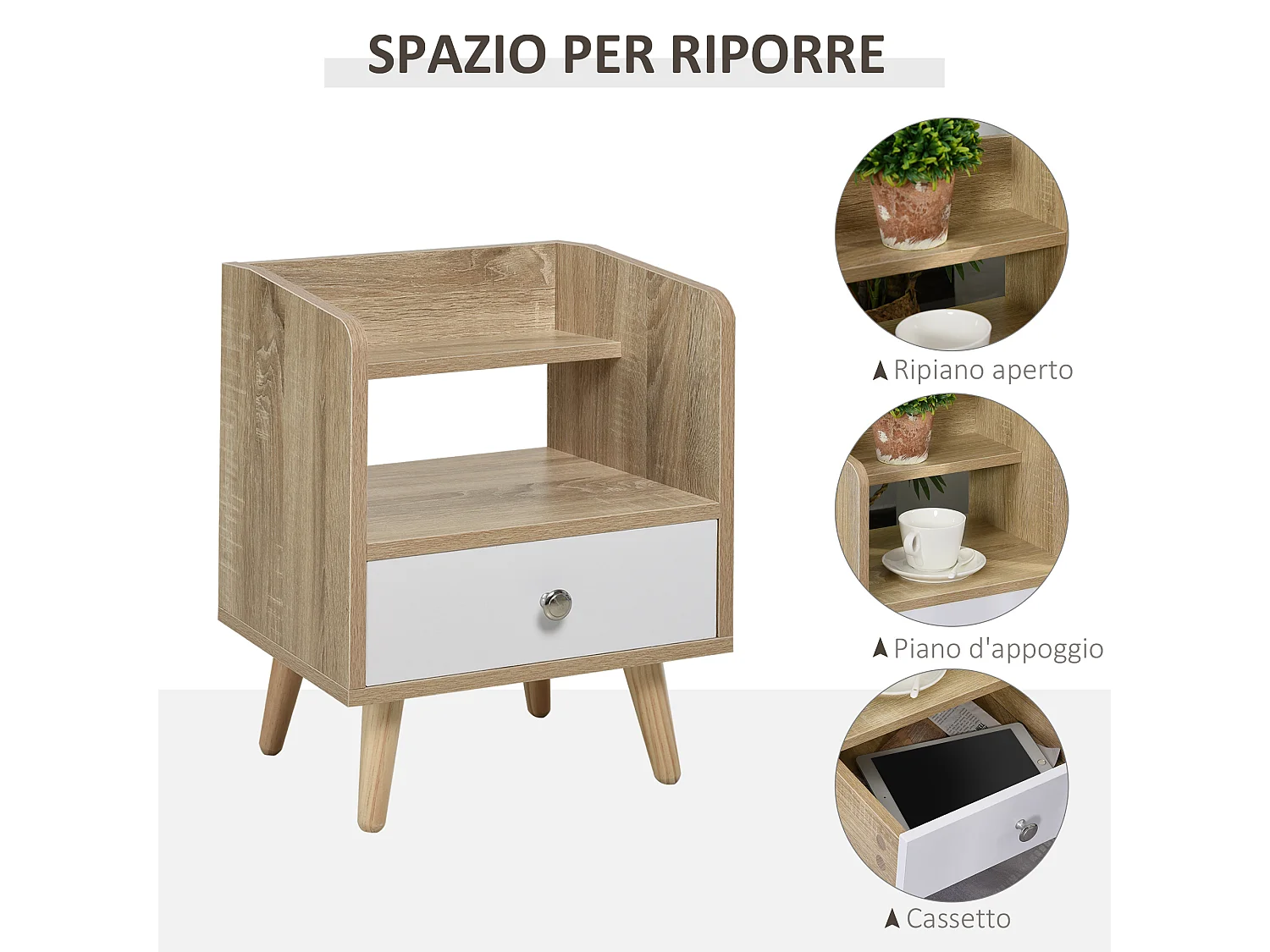 Comodino salvaspazio in legno con cassetto e mensola 37x30x48cm