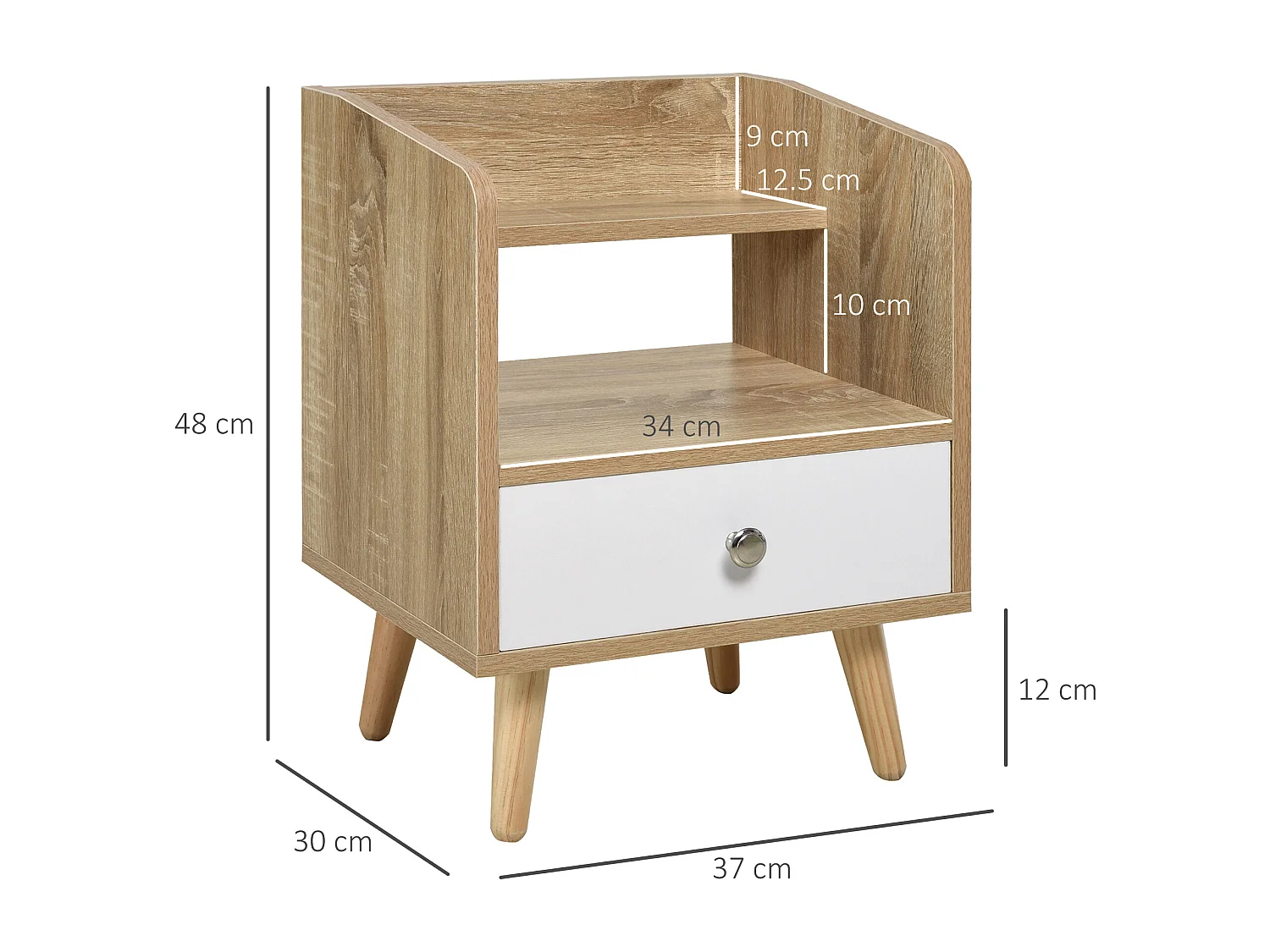 Comodino salvaspazio in legno con cassetto e mensola 37x30x48cm