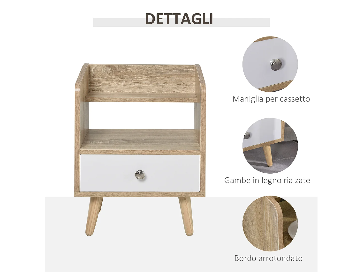 Comodino salvaspazio in legno con cassetto e mensola 37x30x48cm