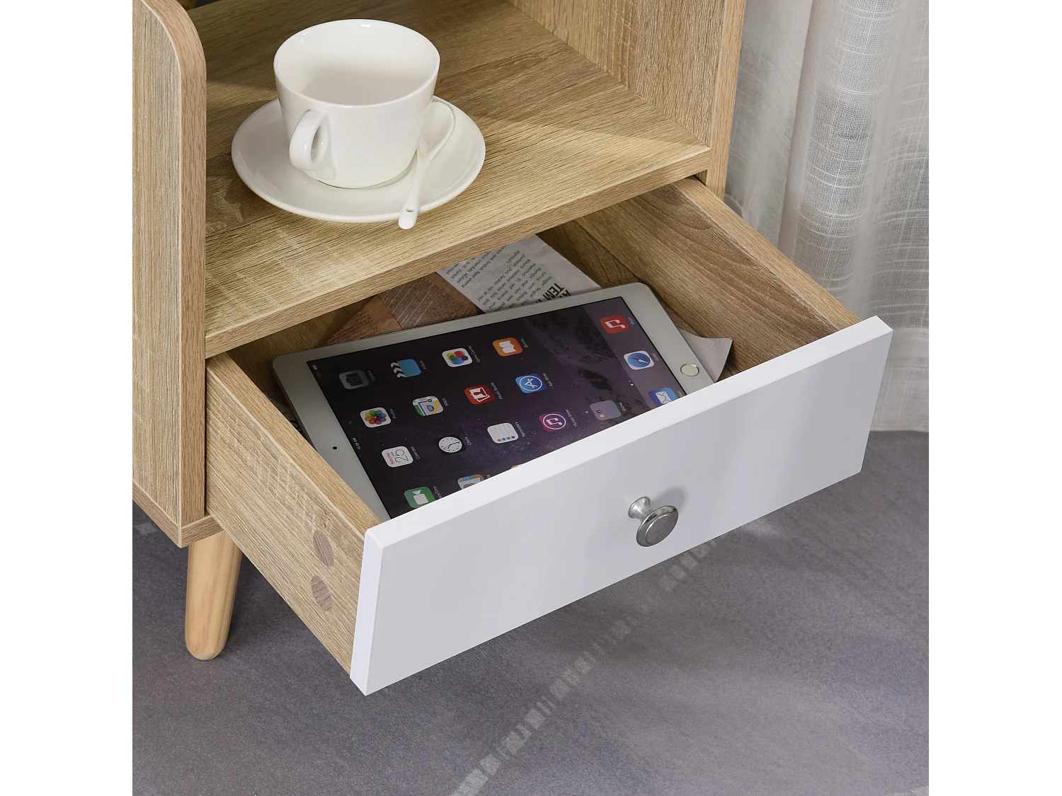 Comodino salvaspazio in legno con cassetto e mensola 37x30x48cm