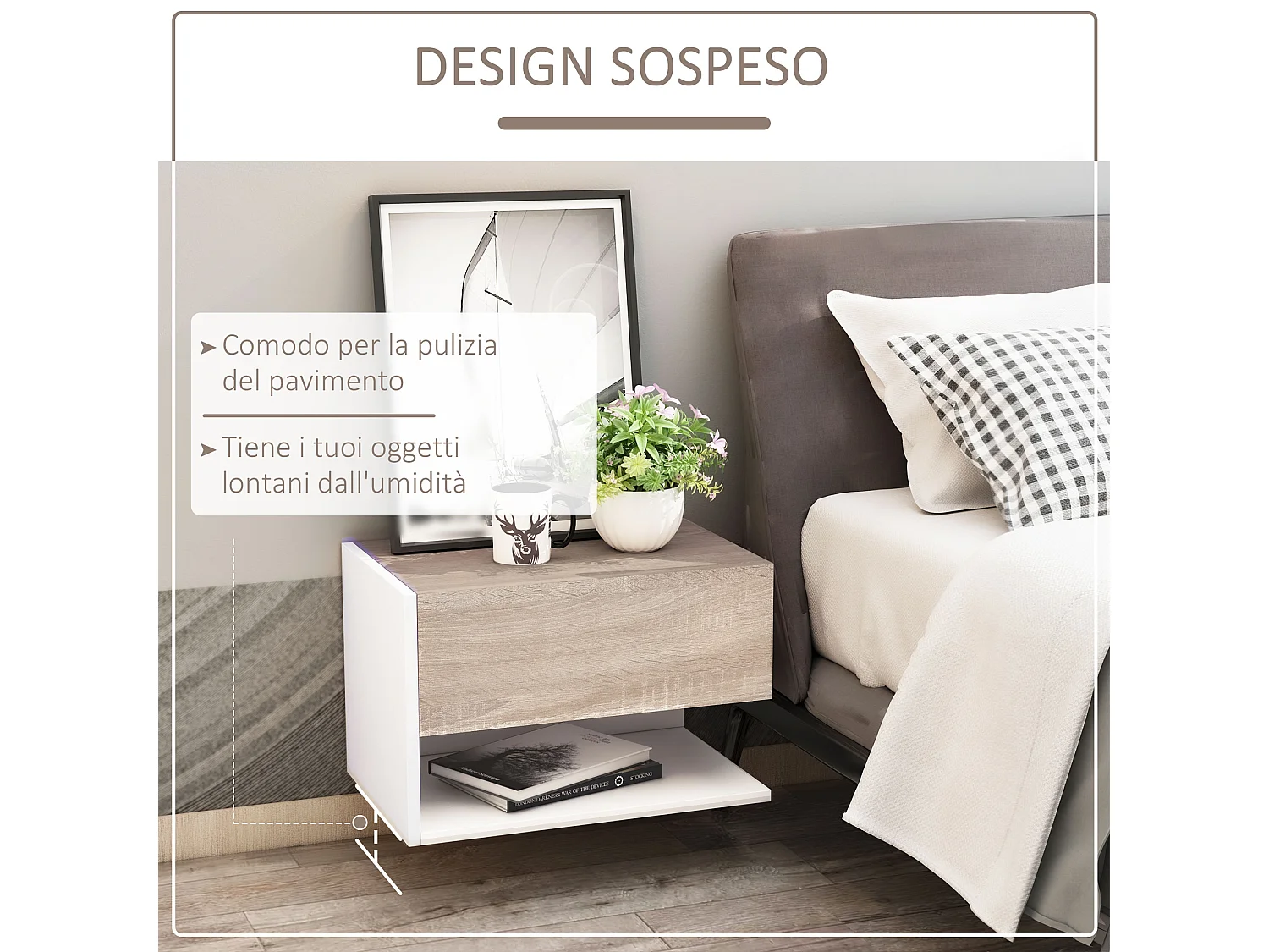 Set di 2 comodini sospesi a parete pannello truciolare bianco rovere