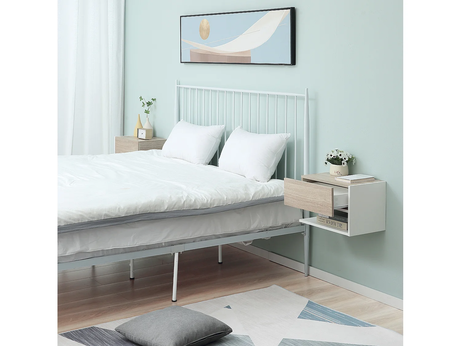 Set di 2 comodini sospesi a parete pannello truciolare bianco rovere