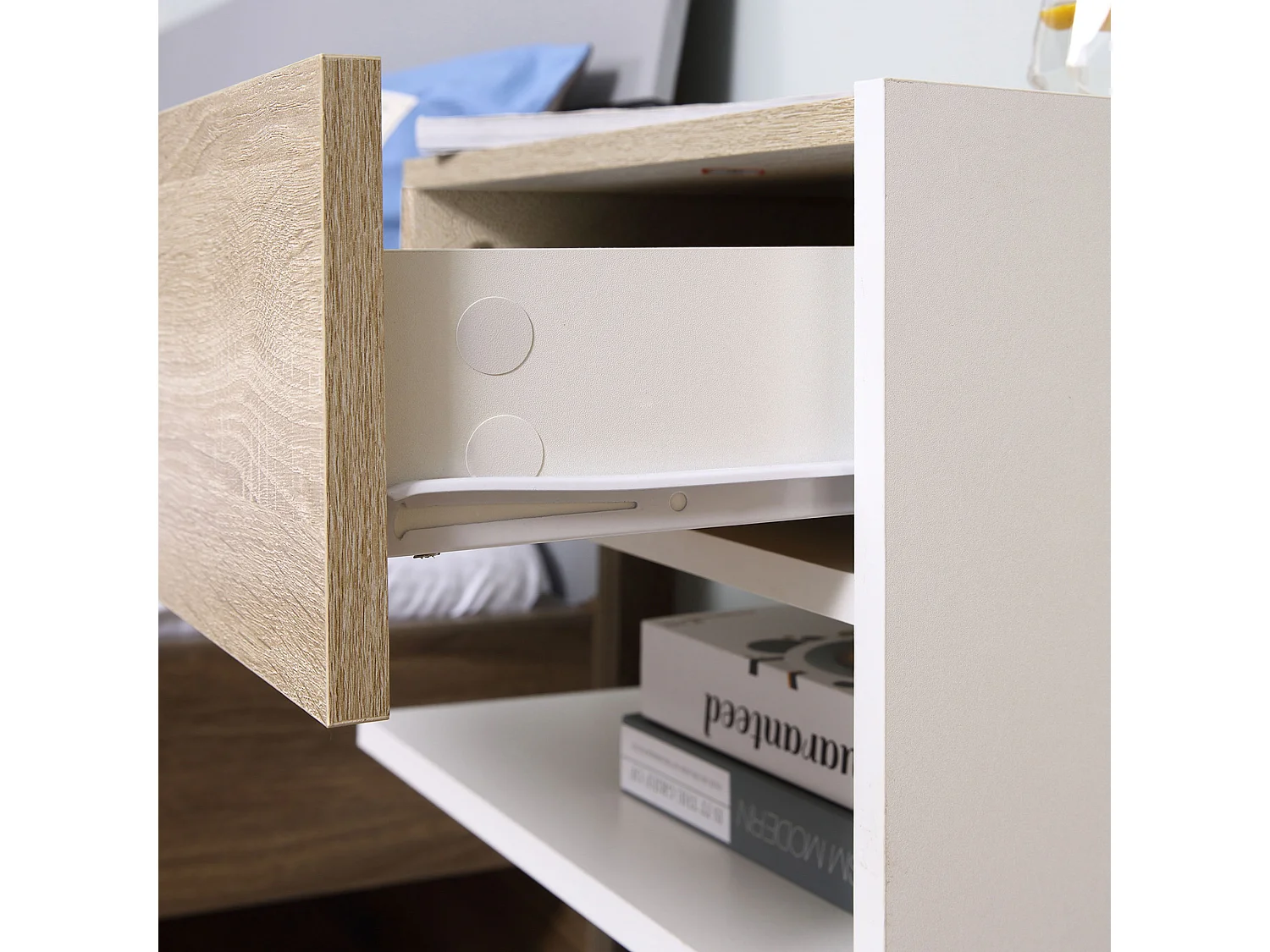 Set di 2 comodini sospesi a parete pannello truciolare bianco rovere