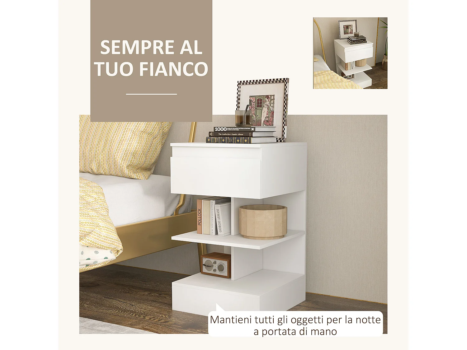 Comodino moderno bianco con un cassetto e 2 ripiani