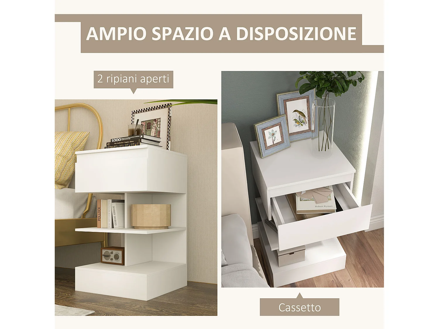 Comodino moderno bianco con un cassetto e 2 ripiani