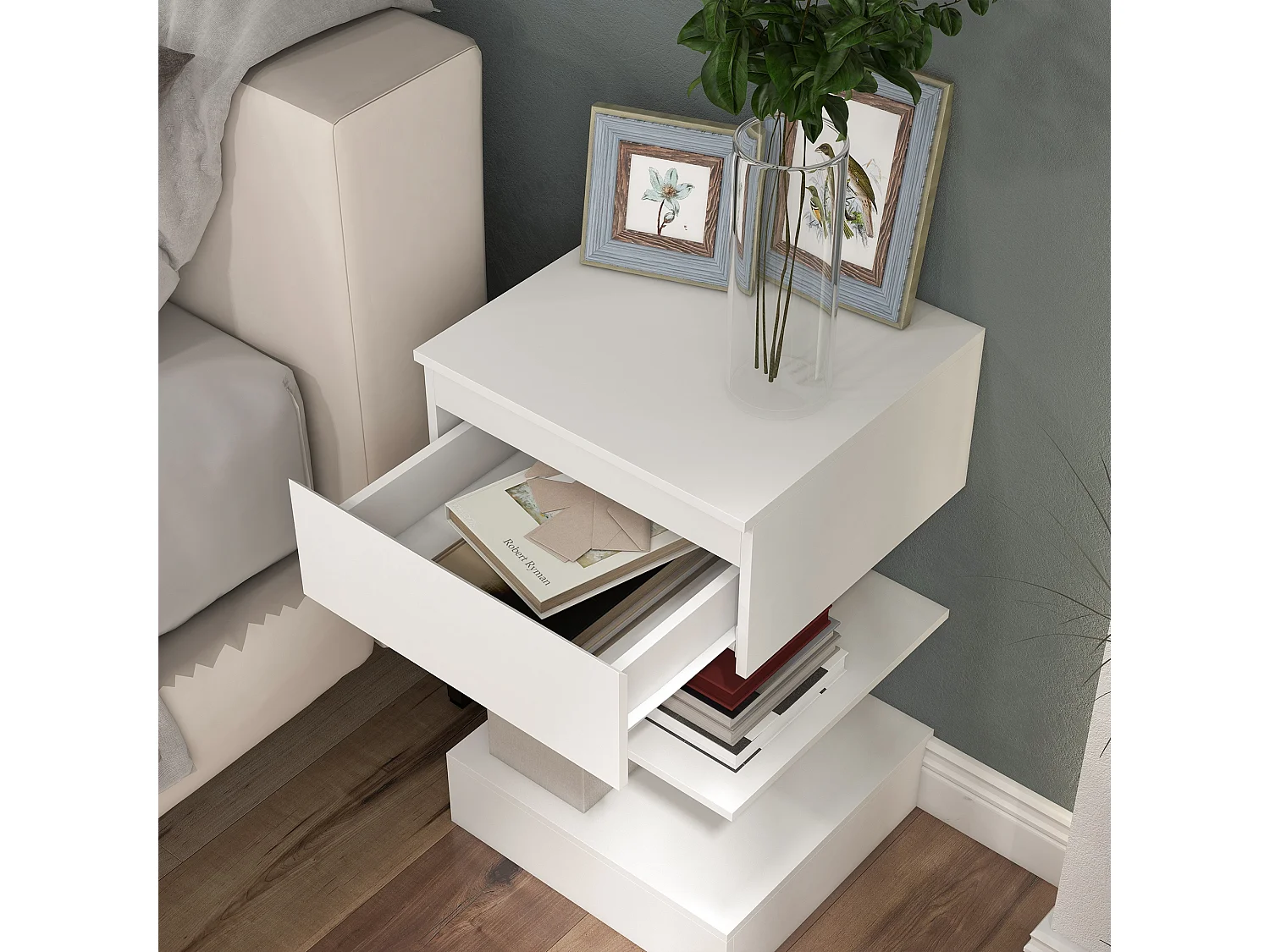 Comodino moderno bianco con un cassetto e 2 ripiani