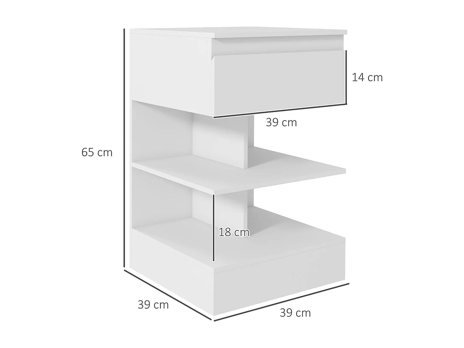 Comodino moderno bianco con un cassetto e 2 ripiani