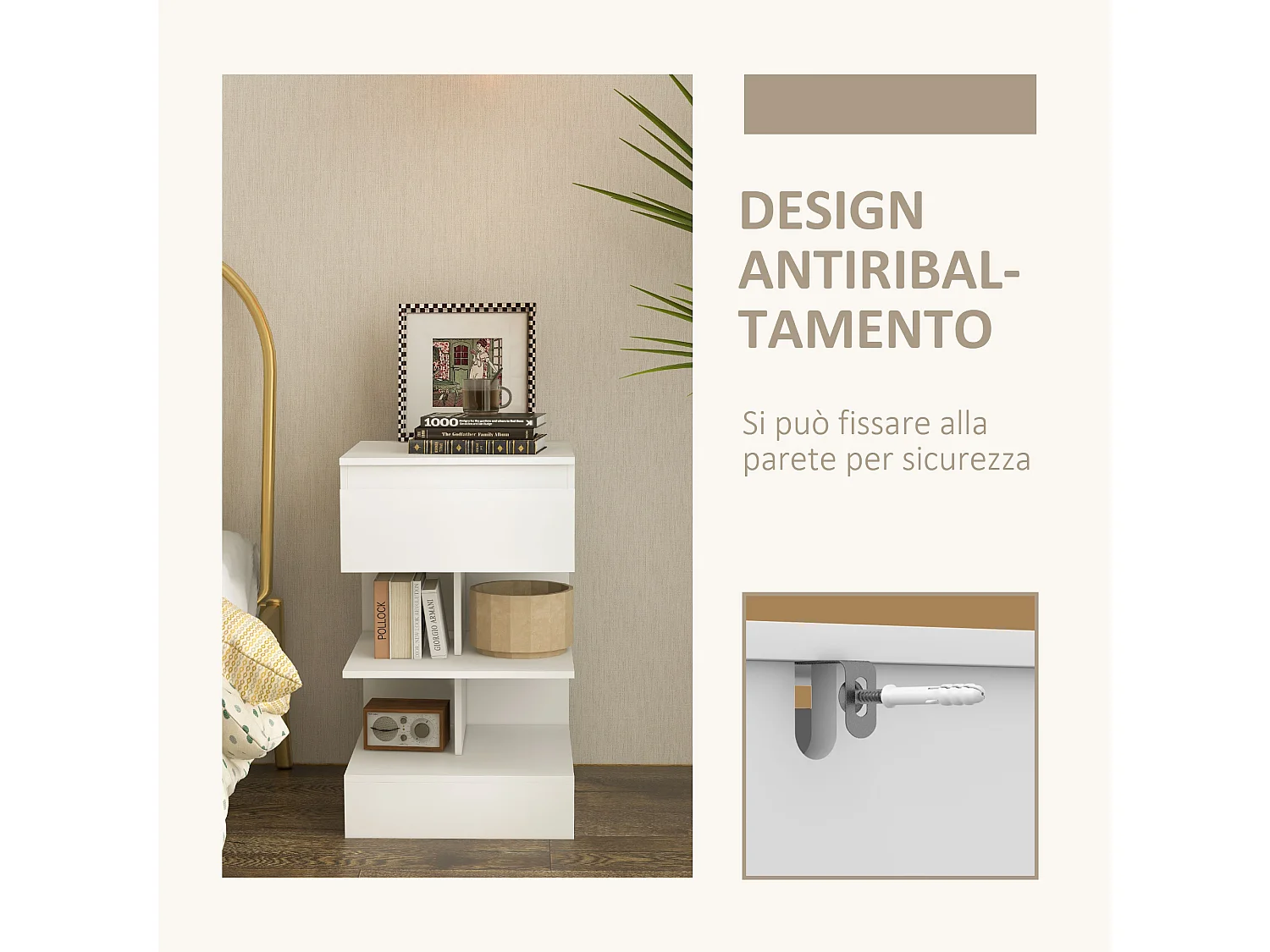 Comodino moderno bianco con un cassetto e 2 ripiani