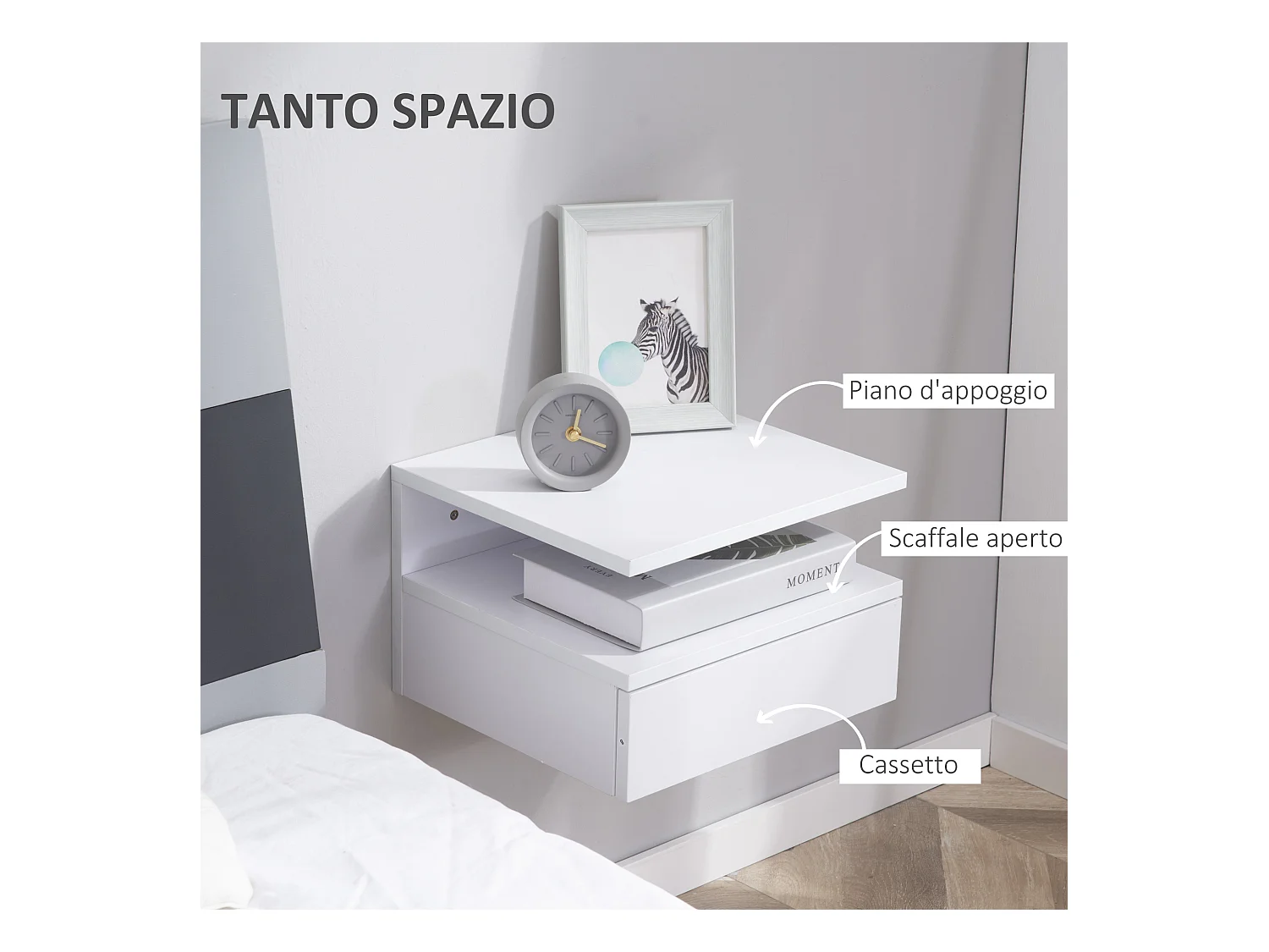 Set 2 comodini sospesi con cassetto e mensola 35x32x22.5cm